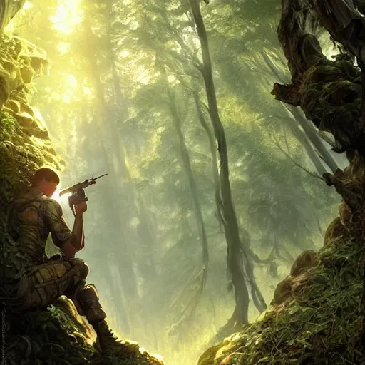 Prompt: comic book cover of soldier in forest looking up at crystal temple, highly detailed, professional digital painting, Unreal Engine 5, illustration, HD quality, 8k resolution, cinema 4d, 3D, cinematic, professional photography, art by artgerm and greg rutkowski and alphonse mucha and loish and WLOP