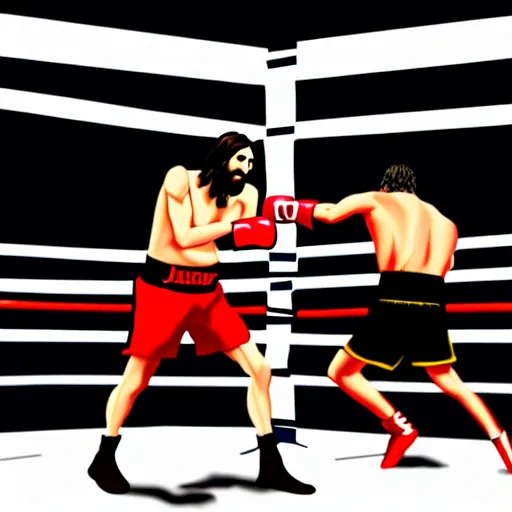 Image similar to Jesus fighting a demon in a boxing ring, photorealistic, 4K