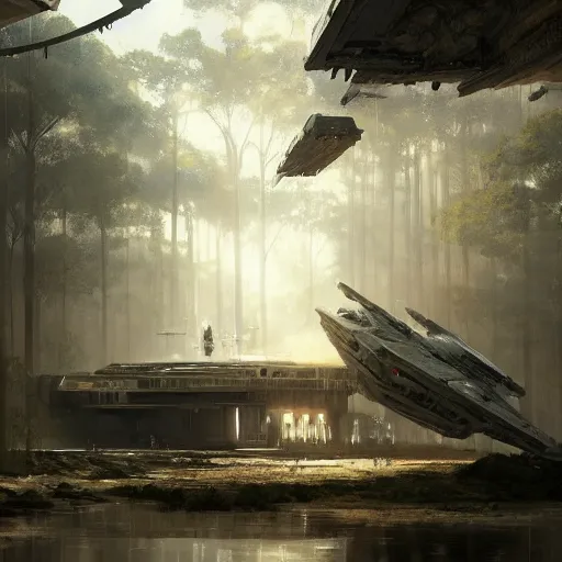 Image similar to star wars concept art by greg rutkowski, a brutalist military base of the galactic alliance in the middle of a jungle near to a lake, cinematic midday light, heroic atmosphere, artstation hq.