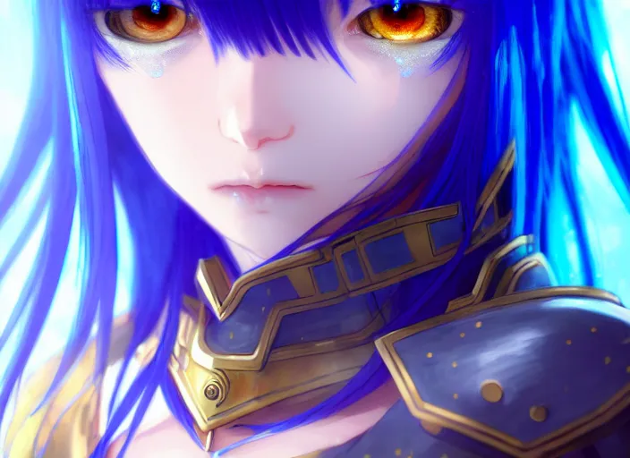 Image similar to rimuru tempest in holy armor, sky blue straight hair, long bangs, with amber eyes, gold eyes, high collar, choker, ultra detailed, concept art, award winning photography, digital painting, cinematic, wlop artstation, closeup, pixiv, evil, yoshitaka amano, andy warhol, ilya kuvshinov,