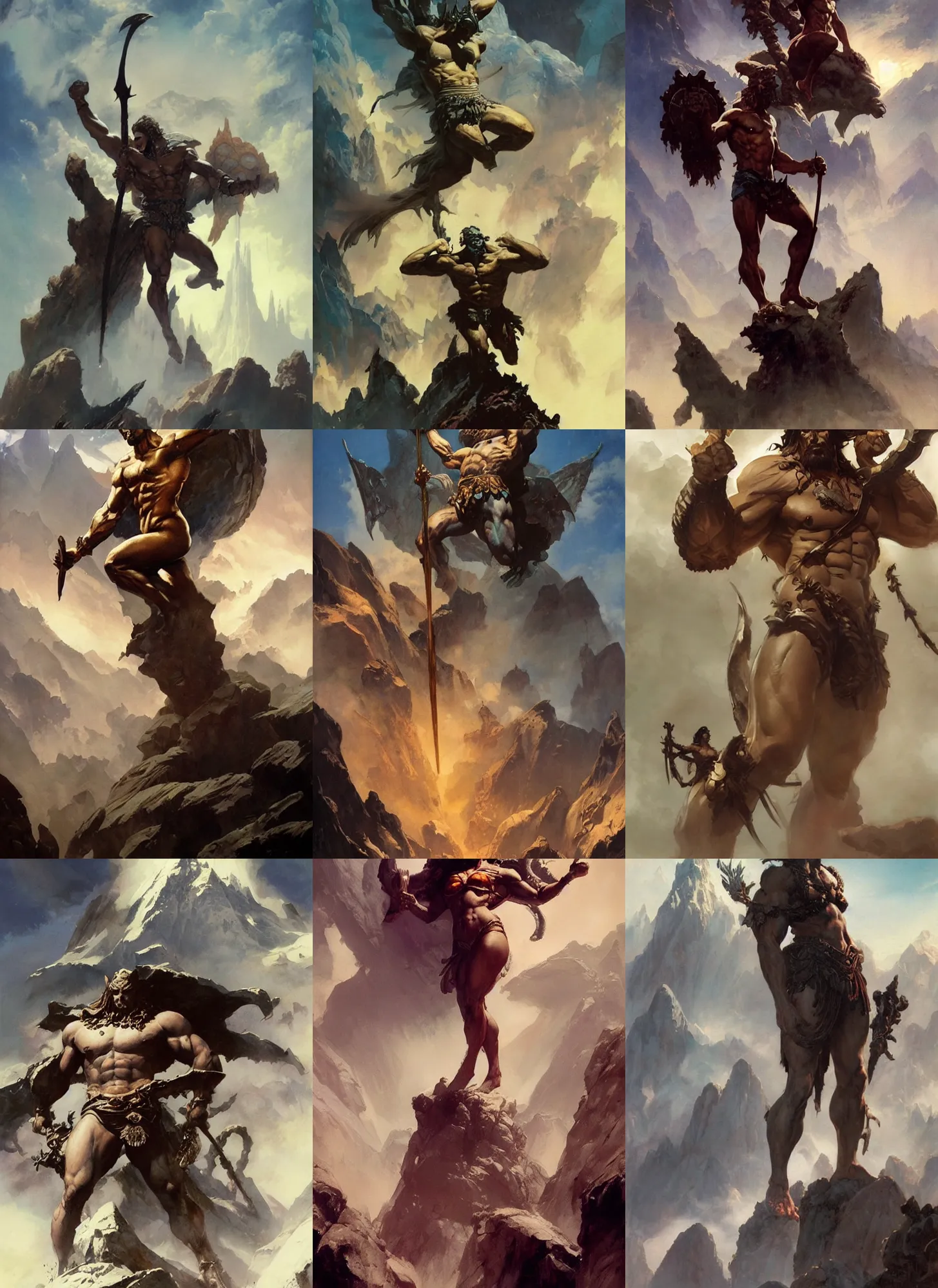 Prompt: Mount Olympus by Frank Frazetta, Greg Rutkowski, Boris Vallejo, epic fantasy character art, gods and goddesses, Exquisite detail, post-processing, masterpiece, cinematic