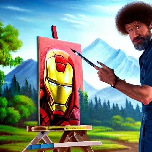 Image similar to a closeup photorealistic photograph of bob ross holding a paintbrush and diligently finishing a canvas painting of iron man. mountains and trees. film still. brightly lit scene. this 4 k hd image is trending on artstation, featured on behance, well - rendered, extra crisp, features intricate detail, epic composition and the style of unreal engine.