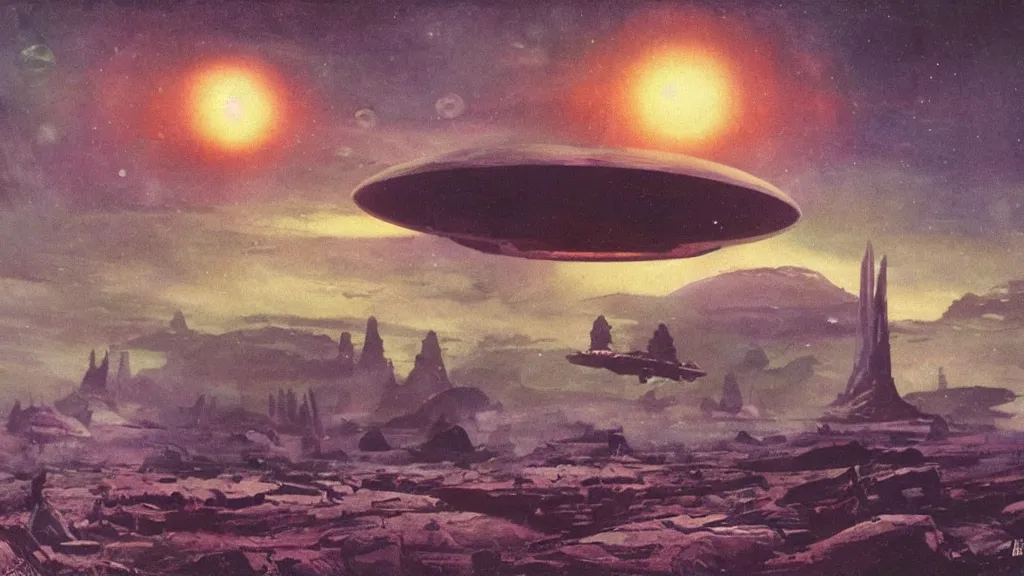 Image similar to eerie atmospheric alien planet with a small dropship pod landing by paul lehr and jack gaughan and john schoenherr, epic cinematic matte painting