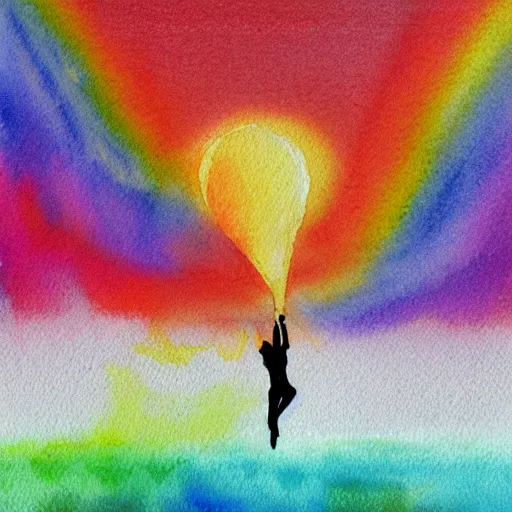 Image similar to dancing on top of a rainbow in the stratosphere, minimalist, muted color, watercolor, ink under paint, muted colors, high - angle view. digital art, ue 5