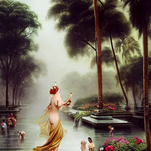 Image similar to monsoon on tropical island, endowed oriental goddess in white, elegant, frontal, ornate, beautiful, atmosphere, vibe, mist, coconuts, rain, wet, pristine, puddles, melting, dripping, snow, creek, lush, ice, bridge, forest, roses, flowers, by stanley artgerm lau, greg rutkowski, francisco de goya