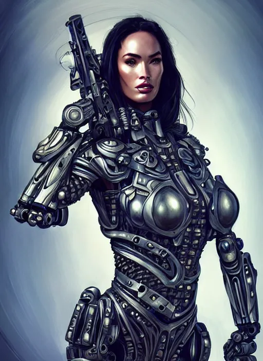 Image similar to portrait of a beautiful female soldier from the future wearing biomechanical armor, megan fox, carrying a rifle, intricate, elegant, glowing lights in armor, highly detailed, digital painting, artstation, glamor pose, concept art, smooth, sharp focus, illustration, epic angle, art by artgerm and greg rutkowski, artey freytag, alvin schwartz