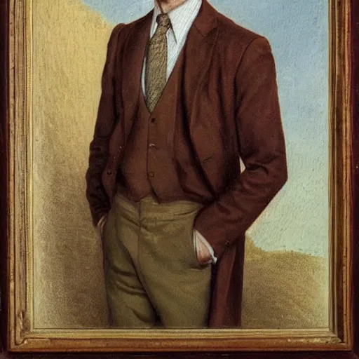 Prompt: a man in a beige suit with smart brown hair, art by richard doyle