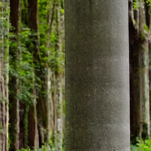 Prompt: a dense forest with a strange concrete pillar in it, with vines growing on the pillar.