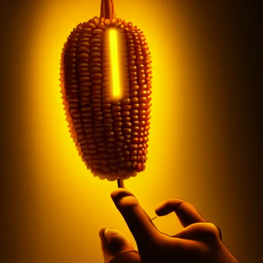 Prompt: Anthropomorphic corn cob using computer in a dark room, face illuminated, hyperrealistic, artstation, 8k, concept art, very detailed, hd, digital painting, shadows, dimly lit, dramatic lighting