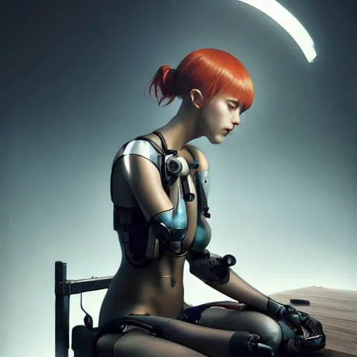 Image similar to broken cyborg - girl by tom bagshaw, sitting on a metal table by ilya kuvshinov, rtx rendering, octane render 1 2 8 k, maya, extreme high intricate details by wlop, digital anime art by ross tran, medium shot, close up shot, composition by sana takeda, dramatic lighting by greg rutkowski