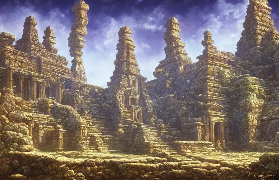 Prompt: a beautiful painting of a ancient temple on another world by rodney matthews | wide angle | unreal engine :. 3