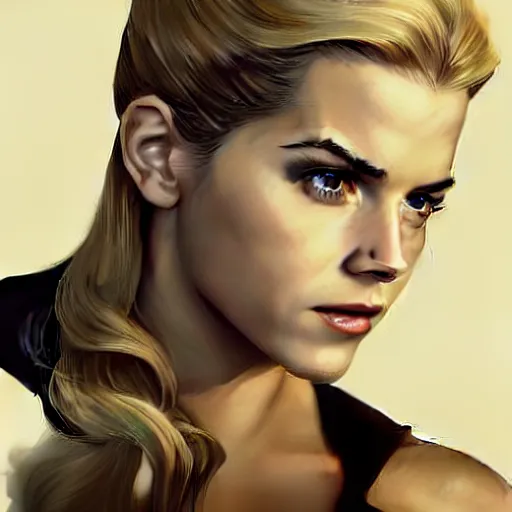 Image similar to A combination of Katheryn Winnick's and Grace Kelly's and Emma Watson's appearance with blonde hair as Solid Snake from Metal Gear Solid, full body portrait, western, D&D, fantasy, intricate, elegant, highly detailed, digital painting, artstation, concept art, matte, sharp focus, illustration, art by Artgerm and Greg Rutkowski and Alphonse Mucha