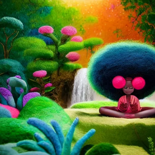 Image similar to a black girl with a colorful afro and big beautiful eyes meditating in an african zen garden with a waterfall!!, bokeh!, bright colors, synthwave, watercolor, volumetric wool felting, felt, macro photography, children illustration, by goro fujita