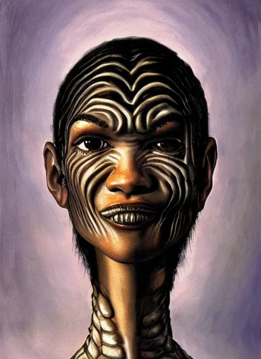 Image similar to portrait of zendaya with a little alien head for a tongue, necronom v, painting by h. r. giger