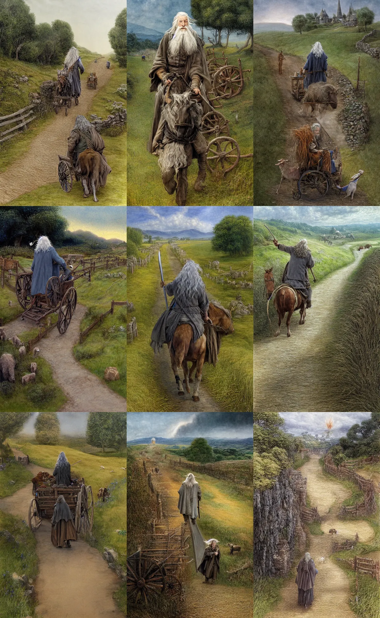 Prompt: gandalf riding on a cart loaded with fireworks, down a dirt path in the shire, by alan lee, intricate, detailed fences and stone walls, cattle and farms in the background, digital art, artstation, oil painting.