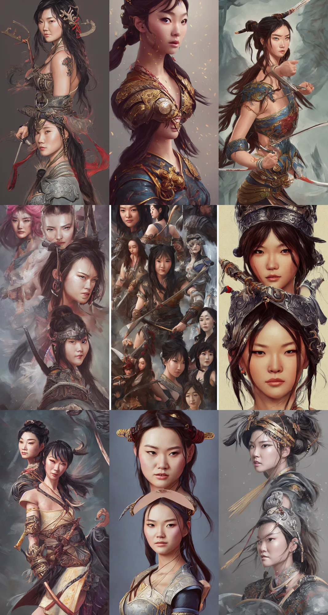 Prompt: highly detailed paintings of character concept and fashion art spot illustrations from the xena warrior princess and mulan crossover, hyper detailed, digital art, trending on artstation, cinematic lighting, studio quality, smooth, sharp details, in the style of nixeu and fenghua zhong.