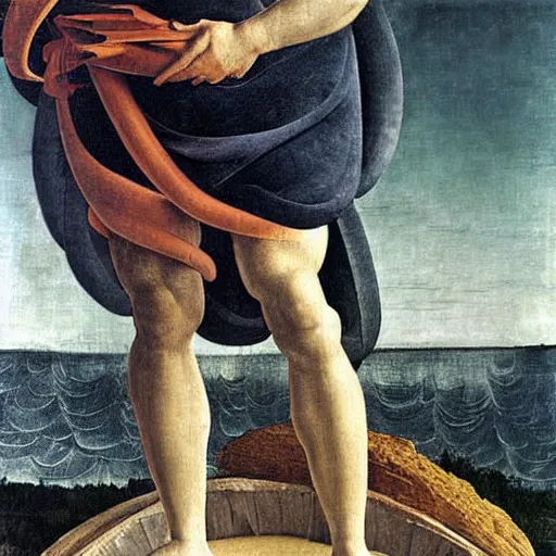 Prompt: Danny Devito standing on a giant clamshell, painting by Sandro Botticelli, detailed, 4k