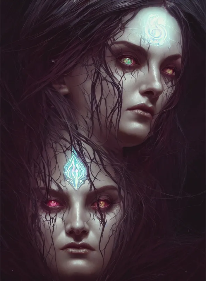 Image similar to Necromancer Sorceress face close-up macro in center, fantasy magic, undercut hairstyle, dark light night, intricate, elegant, sharp focus, illustration, highly detailed, digital painting, concept art, matte, art by WLOP and Artgerm and Greg Rutkowski and Alphonse Mucha, masterpiece