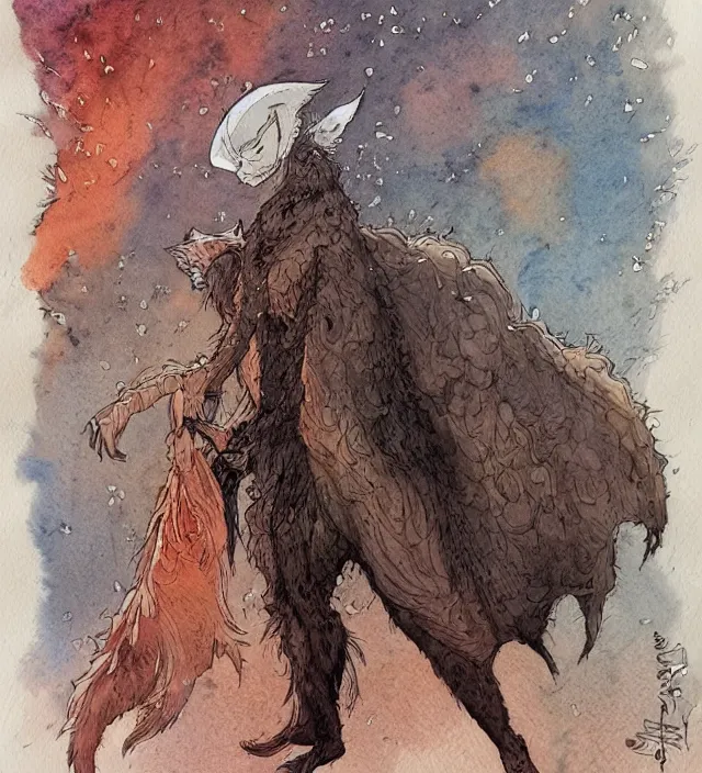 Prompt: a 3 / 4 view watercolor ink painting of an anthromorphic fox sorcerer / wizard in the style of jean giraud in the style of moebius trending on artstation deviantart pinterest detailed realistic hd 8 k high resolution