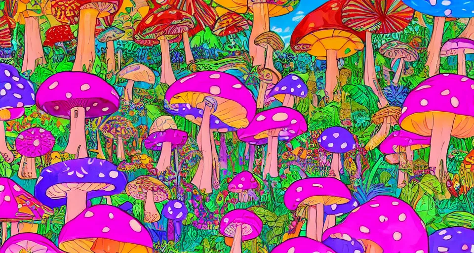 Image similar to A tribal village in a forest of giant mushrooms, by Lisa Frank,