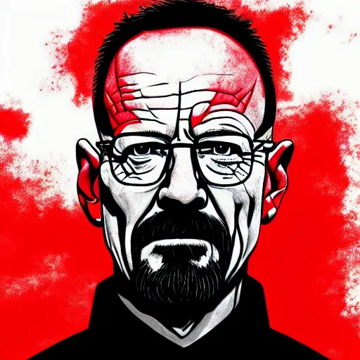 Image similar to walter white's head coming out of a red mist, epic, trending on artstation, profile pic, centered, accurate anatomy, highly detailed, digital art,