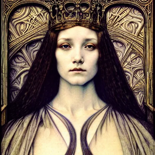 Image similar to detailed realistic beautiful young medieval queen face portrait by jean delville, gustave dore and marco mazzoni, art nouveau, symbolist, visionary, gothic, pre - raphaelite. horizontal symmetry