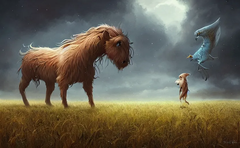 Prompt: A whimsical magical creature in a field, beautiful, cool dynamic lighting, atmospheric, cinematic, highly detailed digital art, painted by Scott Musgrove