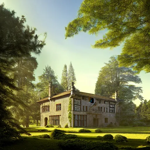 Prompt: an elizabethan manor house next to a pine forest, with a fishpond and courtyard, blue sky, sunny, detailed, volumetric, cinematic lighting, realistic, digital art by greg rukowski