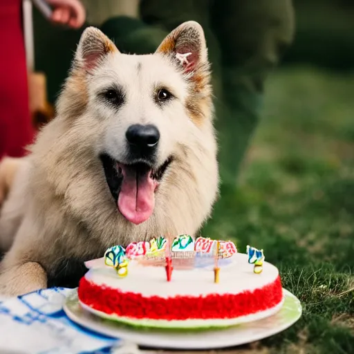 Prompt: a high - quality photo of a romanian shepherd dog with a birthday cake, 4 5 mm, f 3. 5, sharpened, iso 2 0 0, raw, food photography