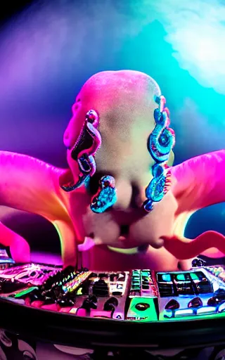 Image similar to award winning photo of an octopus! as a dj with tentacles! simultaneously placed turntables cdjs and knobs of a pioneer dj mixer. sharp, blue and fuschia colorful lighting, in front of a large crowd, studio, medium format, 8 k detail, volumetric lighting, wide angle, at an outdoor psytrance festival main stage at night