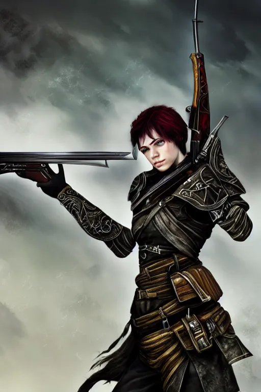 Prompt: Eir Stegalkin holding a rifle of Guild Wars 2, digital art, hyper-realistic, highly detailed