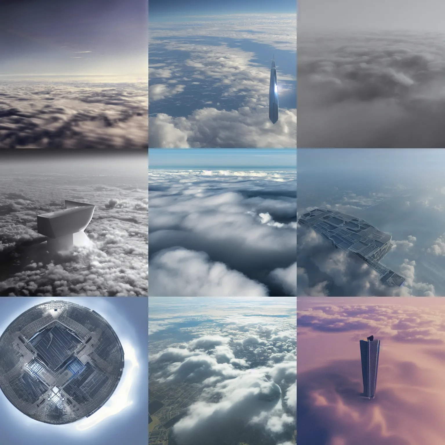 Prompt: lateral view from above the clouds. Megastructure tower arcology piercing through dense clouds into the sunny stratosphere.