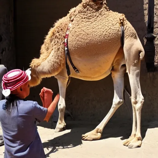 Image similar to camel stealing an ice cream from the hands of a saudi arabian prince