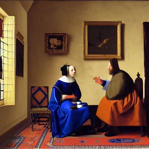Image similar to royal family during an argument, johannes vermeer, ultra detailed, cinematic, dynamic light