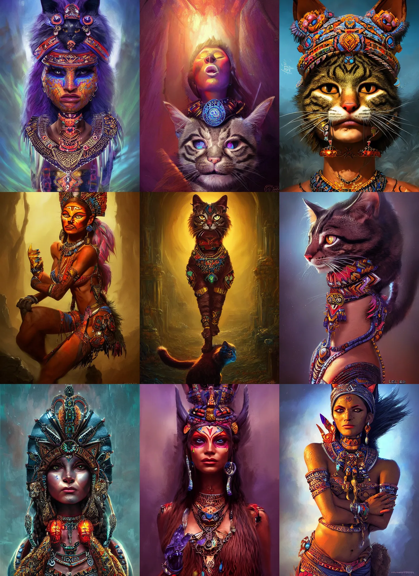 Prompt: aztec cat goddess feline, vivid colors, dark shadows, contrast, concept art, sharp focus, digital art, Hyper-realistic, 4K, Unreal Engine, Highly Detailed, Dramatic Lighting, Beautiful, by Brom, bastien lecouffe-deharme