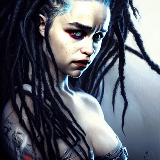 Image similar to portrait of emilia clarke cybergoth dreadlocks, dark, piercing eyes, exotic expression, esoteric clothing, photorealistic, highly detailed, mysterious lighting, artstation, smooth, sharp focus, art by michael whelan, artgerm, greg rutkowski and luis royo