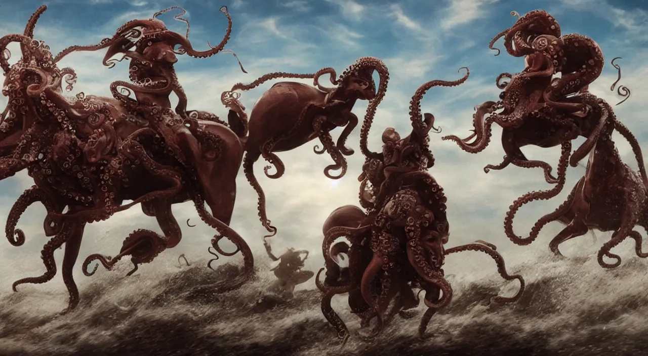 Image similar to an octopus riding a horse leading the charge, epic, John Carpenter