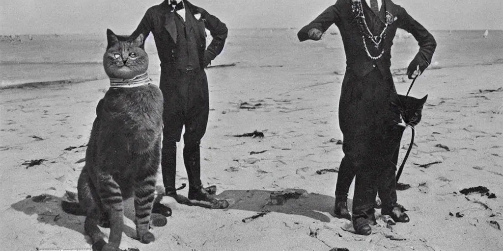 Prompt: 1920s photograph of a humanoid cat wearing a steampunk suit, standing at the beach, looking at the camera