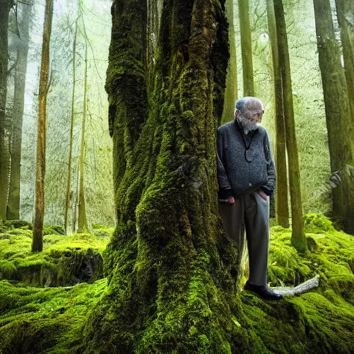 Image similar to old man waiting for you in the forest, mossy forest, mystical, ancient, light from above, fantasy