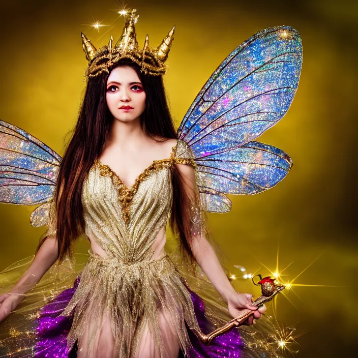 Image similar to full body photo of a very beautiful!! fairy queen with ornate sparkling robes, highly detailed, 4 k, hdr, smooth, sharp focus, high resolution, award - winning photo