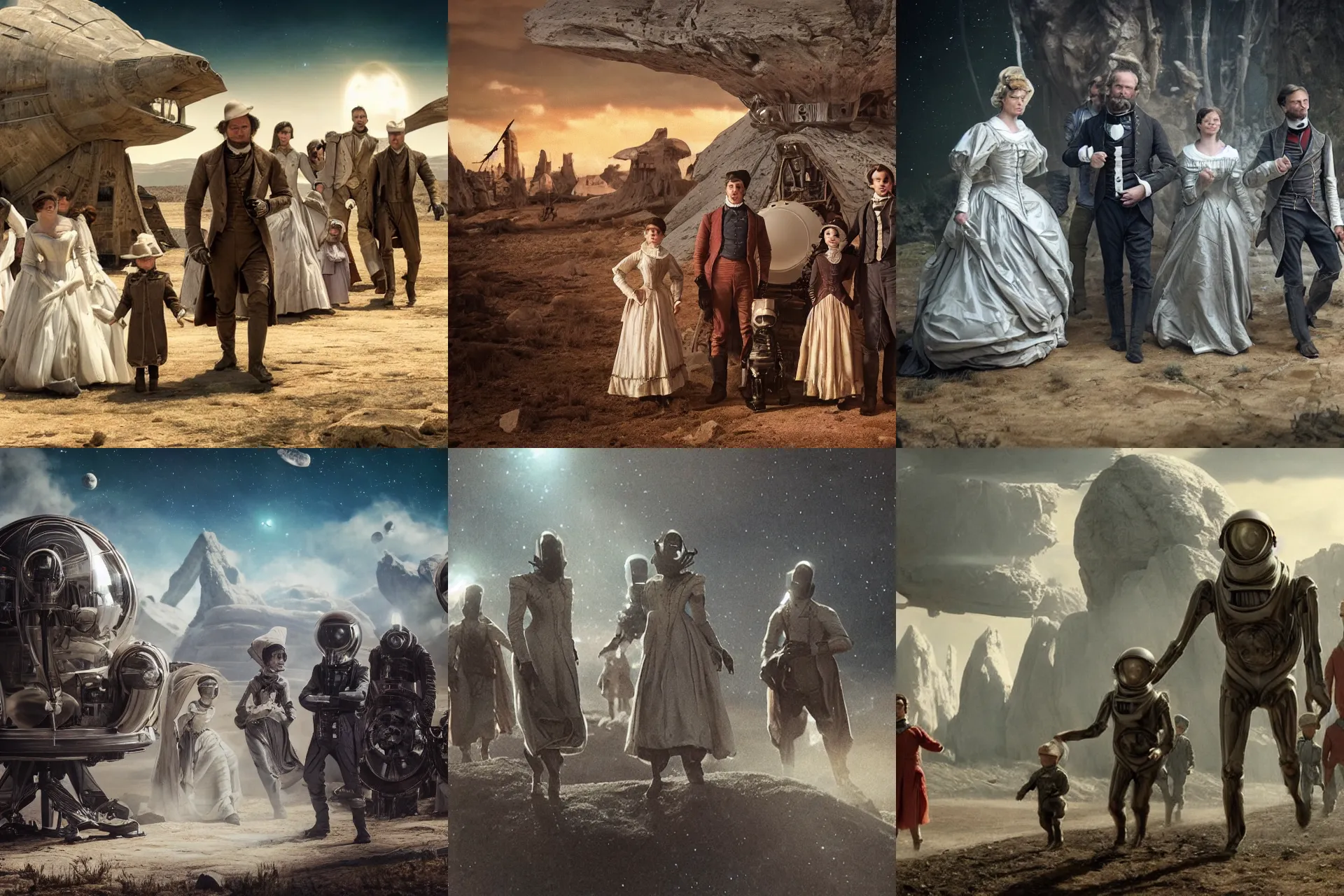 Prompt: detailed, sharp, film still from a sci fi blockbuster movie made in 2022, set in 1860, of a family leaving a spaceship, that has just landed on an alien planet, wearing 1850s era clothes, good lighting, 4k, HD, sharp focus