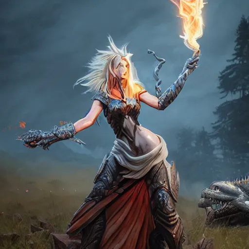 Image similar to An epic fantasy comic book style portrait painting of a silver headed beautiful girl in front of a fire breathing dragon, unreal 5, DAZ, hyperrealistic, octane render, cosplay, RPG portrait, dynamic lighting