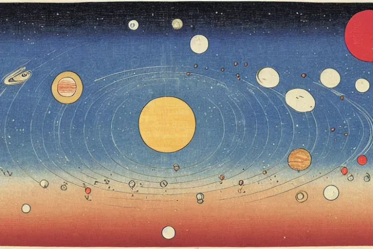 Prompt: eight planets arranged in a row, with stars and sun in background ， by hiroshige utakawa