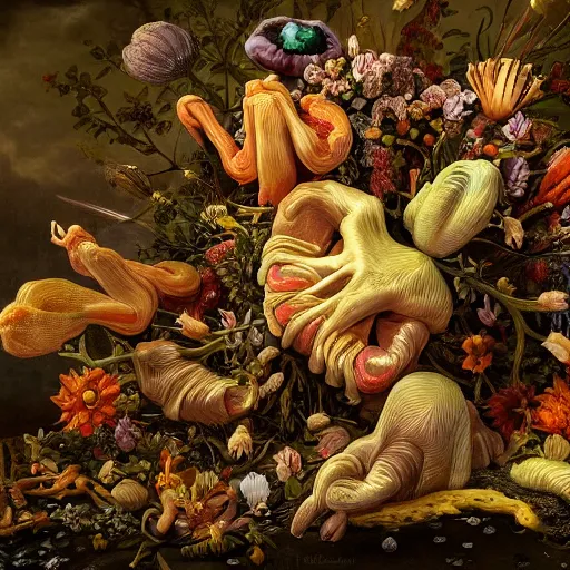 Image similar to disgusting disturbing dutch golden age bizarre mutant flower floral still life with many human toes realistic human toes blossoming everywhere insects very detailed fungus tumor disturbing tendrils bizarre slimy forms sprouting up everywhere by rachel ruysch christian rex van minnen black background chiaroscuro dramatic lighting perfect composition high definition 8 k 1 0 8 0 p