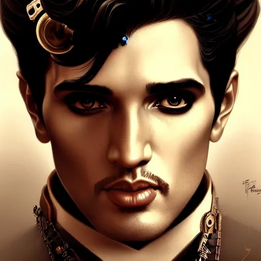 Prompt: a cinematic portrait scene male steampunk elvis presley, intricate, elegant, highly detailed, digital painting, artstation, concept art, smooth, sharp focus, illustration, art by artgerm and greg rutkowski and alphonse mucha