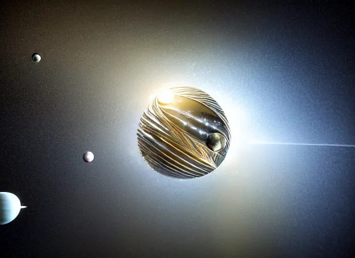 Image similar to ornate solar system model, white pearlescent, chrome, iridescent metals, liquid gold, biomechanical garment, cinematic, crystalline masterpiece diamond incrustations, hyperdetailed metalwork, in volumetric soft glowing mist by erik johansson full frame mirrorless sensor, movie still, octane render, pixar, crepuscular rays,
