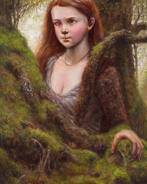 Image similar to a well - lit, realistic oil painting portrait of a girl resembling a young, shy, redheaded irish alicia vikander or millie bobby brown in moss - covered ancient stone ruins at sunset, highly detailed, intricate, concept art, artstation, by donato giancola, ron cobb, and artgerm