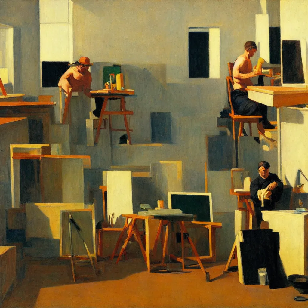 Prompt: painting of a artist, creating in his studio alone, in a huge studio, in the style of edward hopper