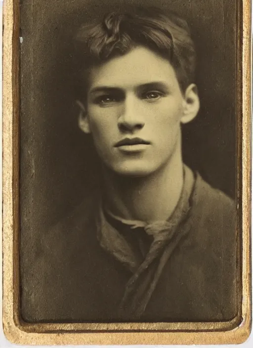 Image similar to tintype photo of alyosha karamazov, handsome innocent young russian man, by julia margaret cameron 1 8 8 0 s, realistic, body shot, sharp focus, 8 k high definition, insanely detailed, intricate, elegant