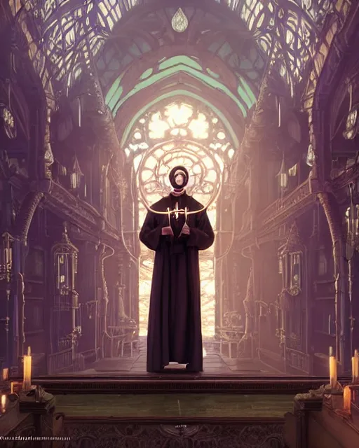 Prompt: highly detailed surreal vfx portrait of a steampunk priest in a steampunk cathedral, stephen bliss, unreal engine, greg rutkowski, loish, rhads, beeple, makoto shinkai and lois van baarle, ilya kuvshinov, rossdraws, tom bagshaw, alphonse mucha, global illumination, detailed and intricate environment